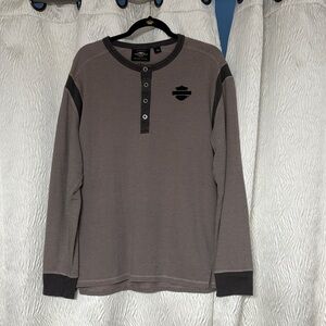 Harley Davidson Mens Large Gray Textured Knit Long Sleeve Henley T-Shirt Y2K VTG